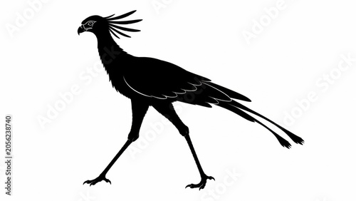 Secretary bird silhouette on white background, black african raptor profile, walking wild bird of prey, predatory wildlife animal graphic