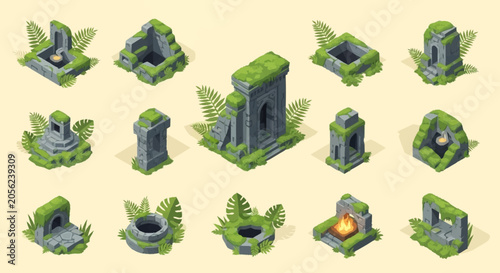 Bild auf Leinwand Collection of ancient moss-covered stone ruins and structures in isometric view, suggesting a lost civilization or forgotten temple