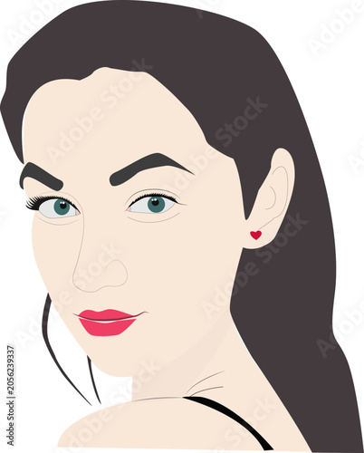 Elegant flat vector portrait of a young woman with dark hair