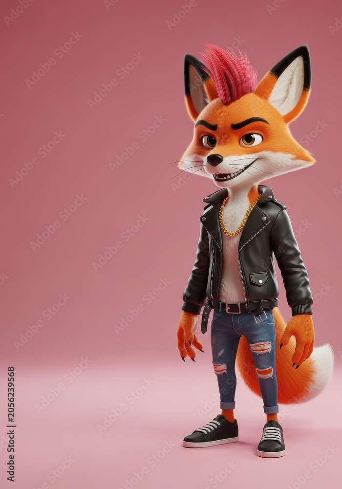 Fototapeta premium Cool Punk Fox Character in Leather Jacket with Red Mohawk and Ripped Jeans on Pink Background