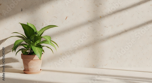 Peace lily in terracotta pot with sunlight and shadow play