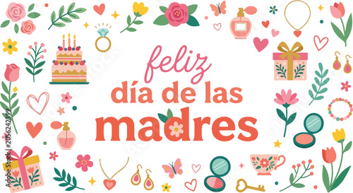 Schilderij op canvas Feliz dia de las madres greeting surrounded by floral and gift icons