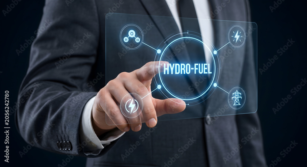Fototapeta premium Hydro fuel concept new energy solution with hydrogen power icons and electrical grid on interactive screen.