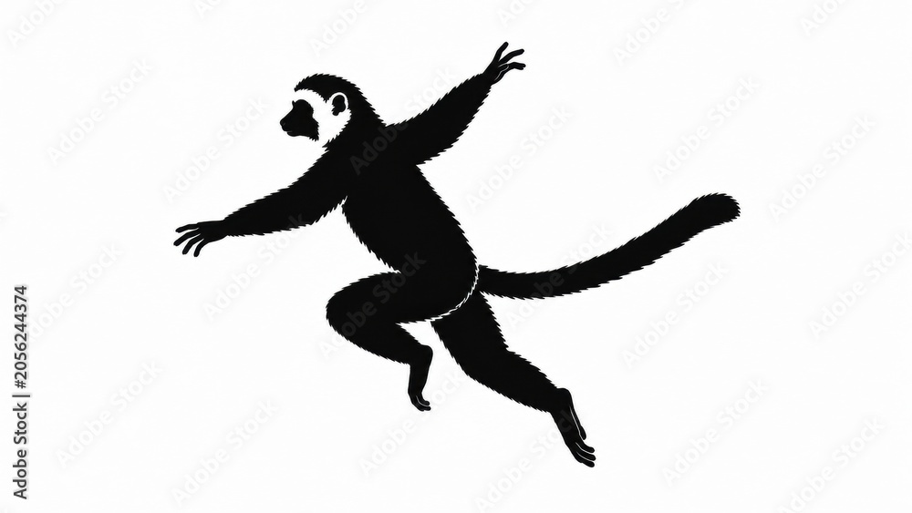 Fototapeta premium Minimalist lemur silhouette jumping, black and white primate icon, leaping sifaka lemur graphic isolated on white background
