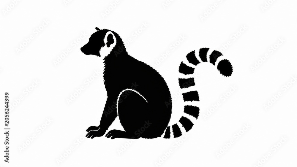 Fototapeta premium Minimalist ring-tailed lemur silhouette, black and white primate icon on white background, exotic Madagascar animal graphic for logo design