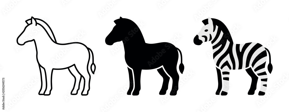 Obraz premium Three stylized zebras in different graphic styles: outline, silhouette, and striped