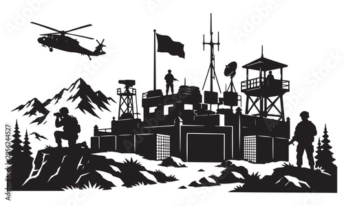 Foto Special forces outpost silhouette, tactical operations camp, vector isolated on
