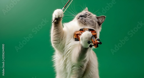 Funny Cat Playing Violin on Green Screen, Anthropomorphic Fluffy White Pet Musician Performing Classical Music with Bow, Whimsical Creative Animal Concept