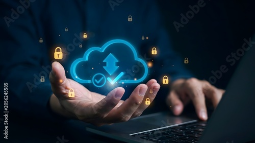Cinematic visualization of secure cloud computing and data storage protection with glowing digital locks and a cloud icon