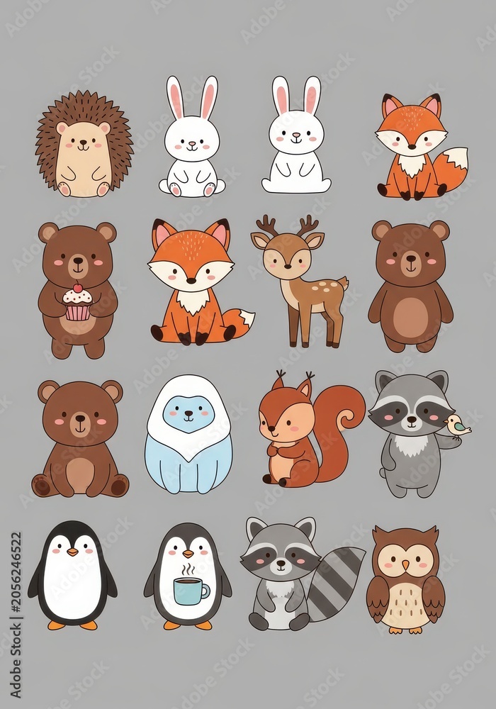 Fototapeta premium Cute Kawaii Forest and Arctic Animal Characters Collection - Vector Illustration Set of Bears, Foxes, Penguins, and More