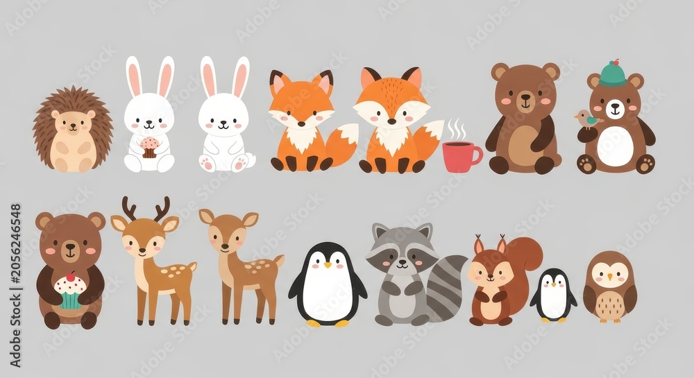 Fototapeta premium Cute Forest and Arctic Animal Vector Illustration Set Featuring Bear, Fox, Rabbit, Penguin, Deer, and Raccoon for Kids Design