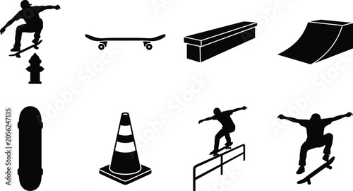 Foto Dynamic black silhouette collection of skateboarders, ramps, and skate park elem