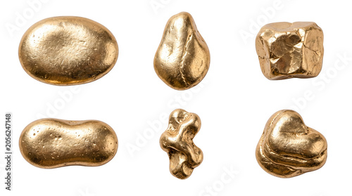 Canvastavla A captivating collection of six distinct pure gold nuggets, showcasing natural and processed forms of this valuable