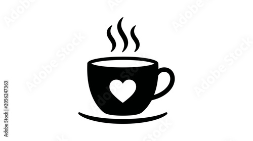 Minimalist black icon of a steaming coffee cup with a heart symbol.