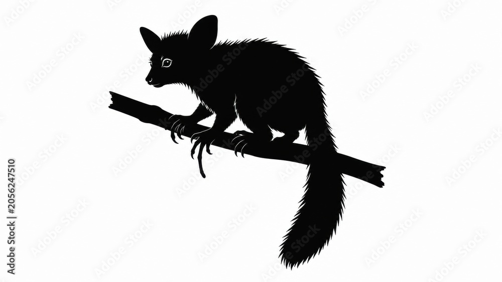 Fototapeta premium Black aye-aye silhouette on white background, nocturnal lemur primate on tree branch, wild animal profile for nature education and wildlife conservation