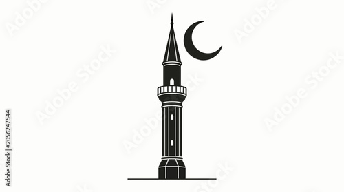 Quadro em tela Minimalist black and white vector illustration of a mosque minaret and crescent moon