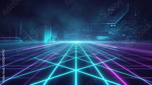 Futuristic neon landscape with glowing grid and circuit patterns, ideal for tech or digital theme representations.