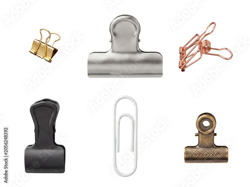 Various metal office clips for paper organization, including binder clips and bulldog clips.