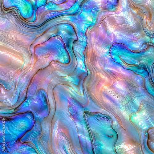 Abstract abalone shell texture with swirling mother of pearl nacre vivid blue pink purple turquoise reflections and organic lines creating a glossy marine background with natural luxury detail