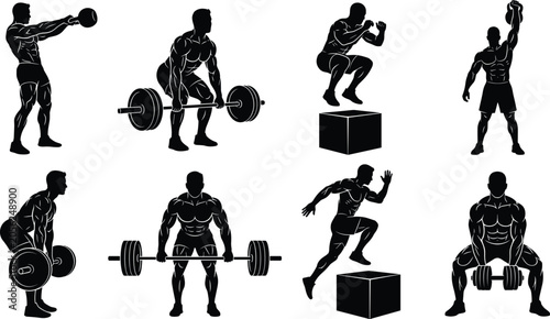 Photos Fitness and bodybuilding silhouette collection featuring muscular men performing