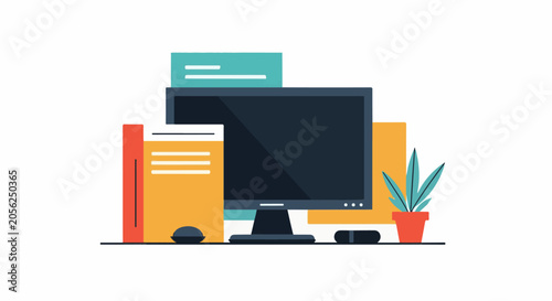Flat design desktop computer setup with books, mouse, pen, and potted plant