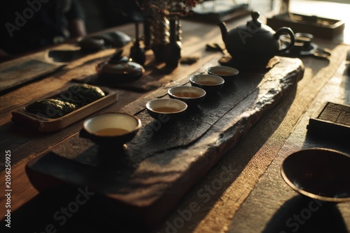 tea ceremony table with long wooden cha-pan tray, intimate slow-tasting ritual atmosphere
