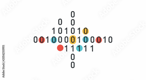 A digital pattern of zeros and ones with colored circles, arranged symmetrically