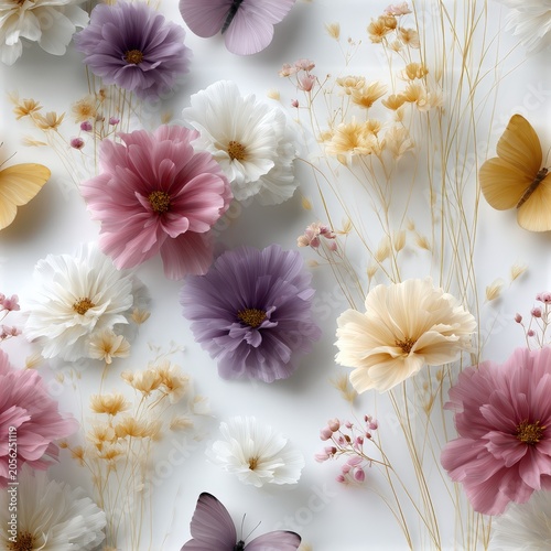 Colorful butterfly and floral seamless pattern, playful spring design, delicate nature theme, cheerful decor, whimsical beauty.