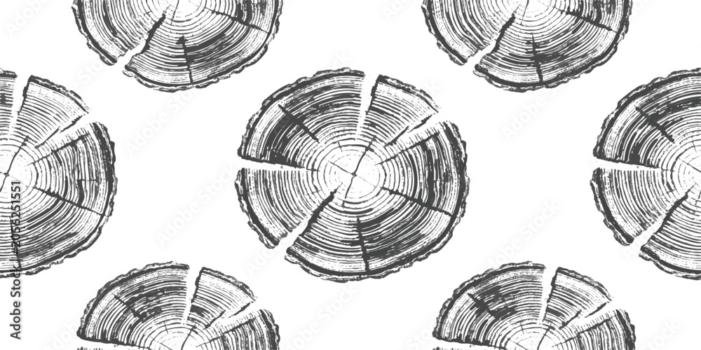 Obraz premium Seamless pattern with black wood tree log cross section rings illustration drawing on a simple minimal style