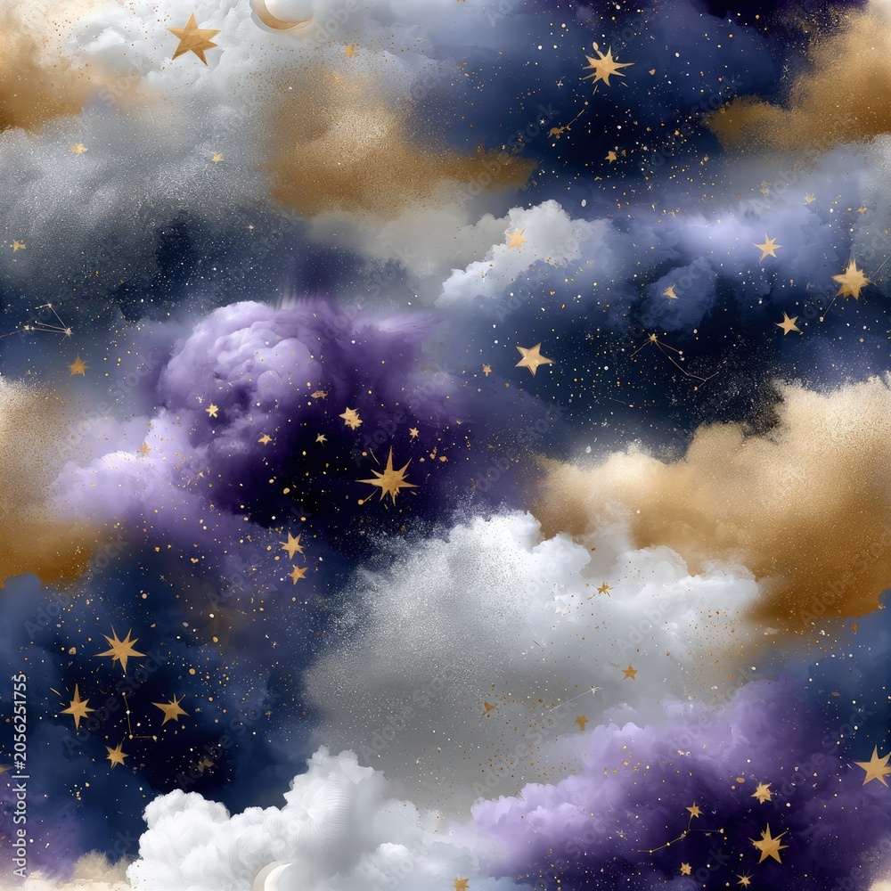 Fototapeta premium Dreamy night sky with clouds and golden stars, magical celestial background, peaceful imagination, bedtime fantasy, whimsical wonder.