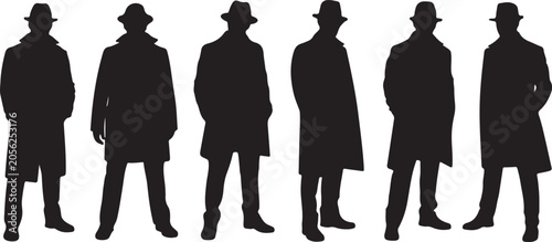 Silhouettes of men in hats and coats standing in a row