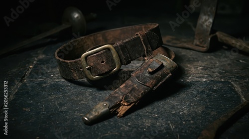 A Discarded Vintage Leather Belt with Tarnished Buckle and Sheath