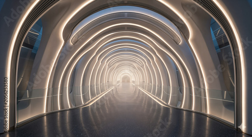 Futuristic Illuminated Architectural Tunnel Interior, Luxury Modern Sci Fi Corridor Design