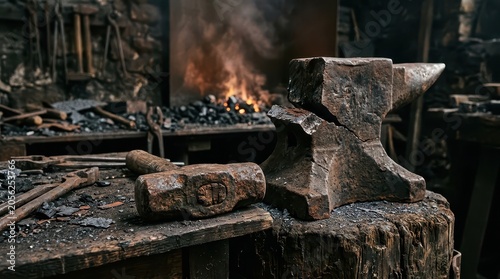 A Rusted Blacksmith's Hammer and Anvil in a Fiery Forge