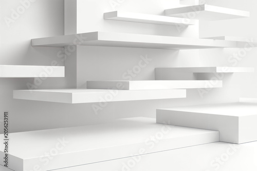 Minimal White Geometric Platform Composition, Abstract Architectural Background for Product Display, ai