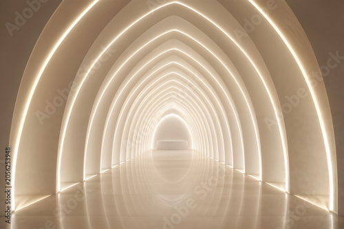 Minimal Futuristic Architectural Tunnel with Illuminated Arches, Luxury Interior Background