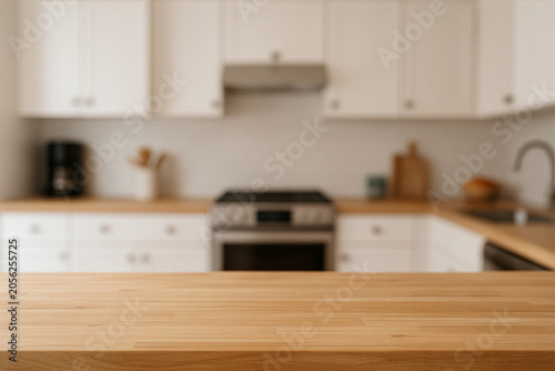 wooden top table with blury background kitchen set
