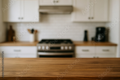 wooden top table with blury background kitchen set
