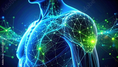 Digital rendering of a human upper body with glowing neural networks