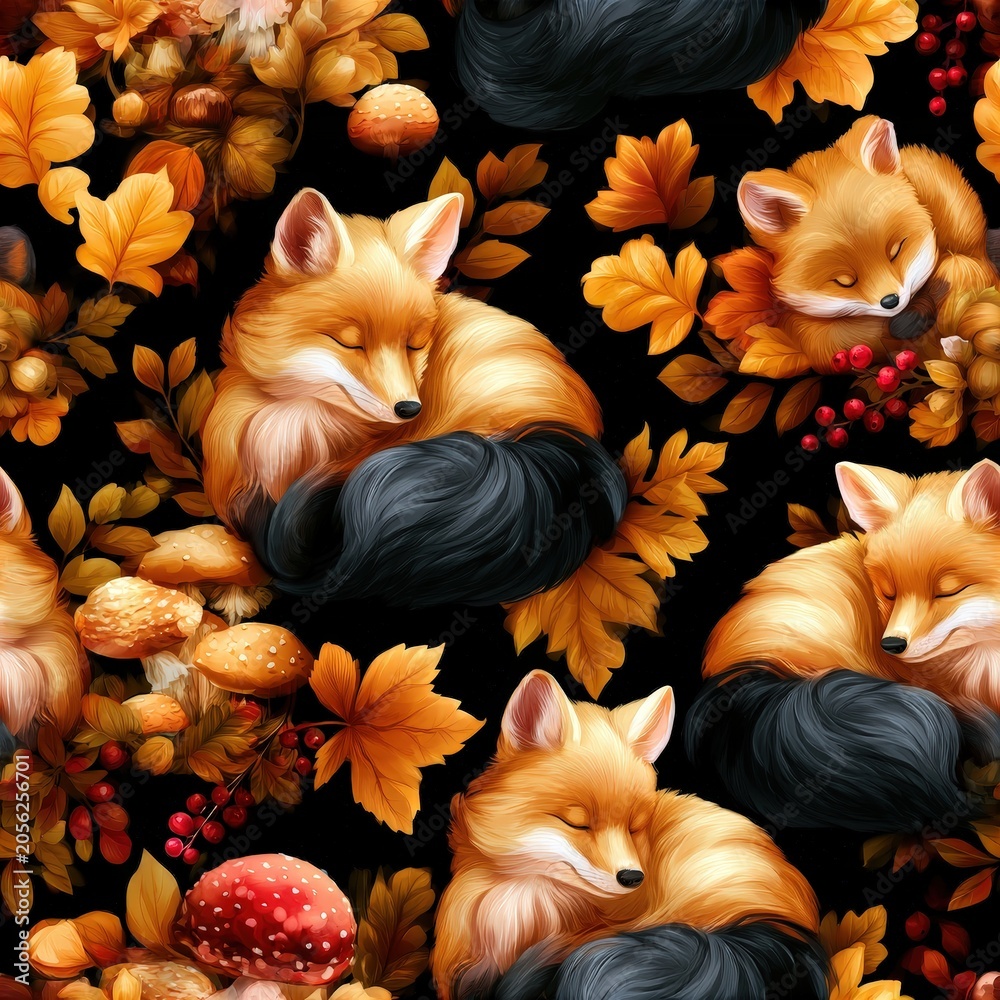 Fototapeta premium Sleeping fox family seamless pattern, cozy woodland theme, gentle wildlife decor, warm autumn mood, adorable nature illustration.
