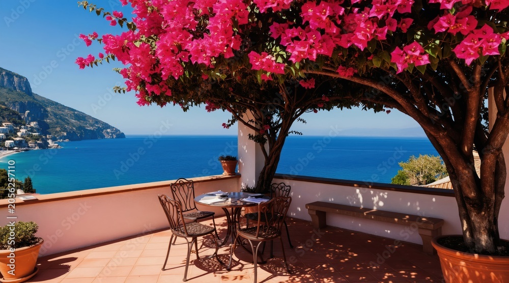 Fototapeta premium Terrace with pink bougainvillea tree overlooks blue sea and coastline. Outdoor cafe table and chairs await guests for dining. Sunny day at a resort town.