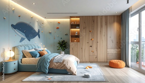 Whimsical child's bedroom with whale art, wood panels, & natural light