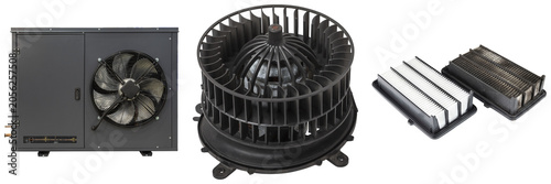 HVAC unit, blower motor fan, and cabin air filters, one clean and one dirty, isolated on white background