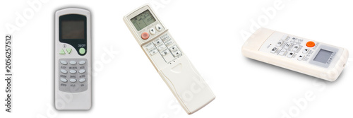 Three different remote controls for air conditioners or other electronic devices, isolated on a white background.