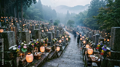 Japanese Cemetery with Glowing Lanterns at Twilight, depicting spiritual remembrance and ancestor veneration for Obon festival celebrations, cultural blogs, and spiritual travel content.