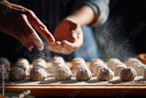 Close-up of hands dusting raw meatballs with flour on wooden board, lined rows of meatballs ready for frying