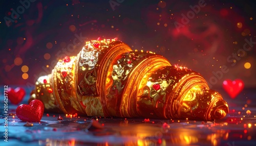 Golden croissant with red hearts, abstract background