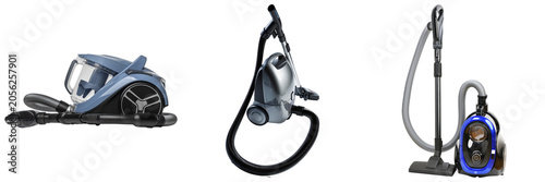 Three different types of vacuum cleaners isolated on a white background