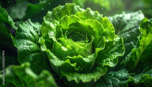 Close-up of vibrant, leafy green lettuce with water droplets