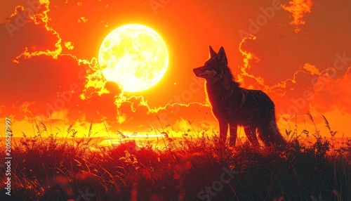 Silhouette of a coyote against a sunset with a bright full moon